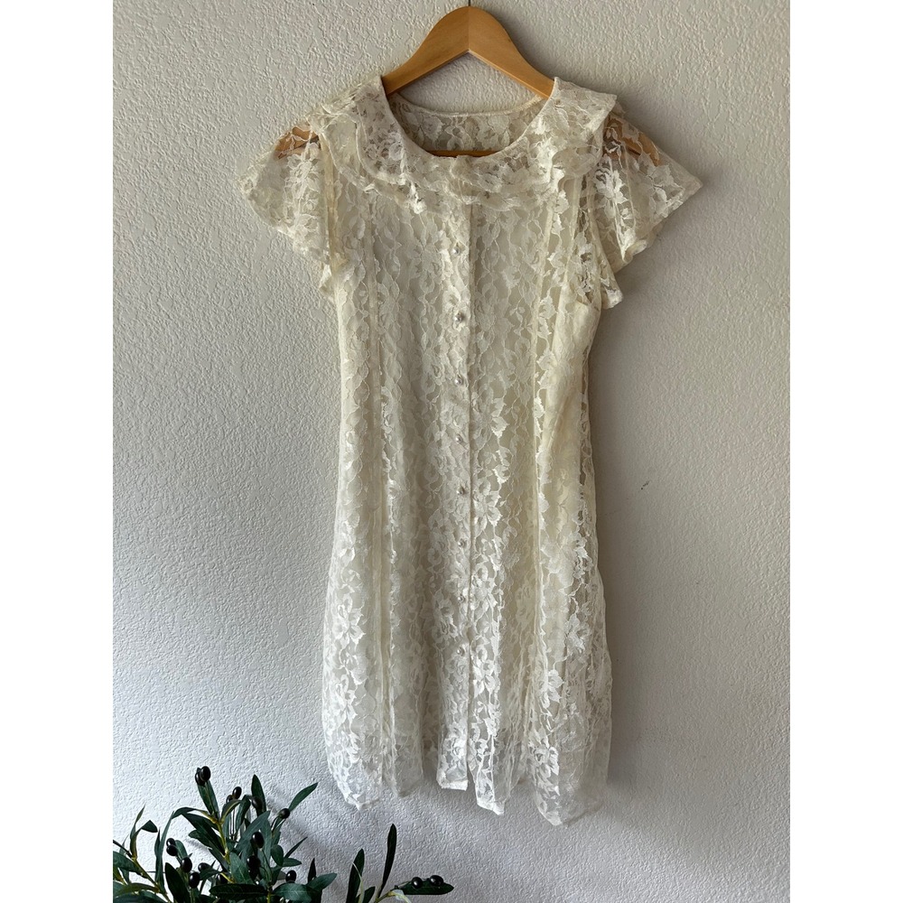Vintage SWAT Kids Ivory Lace Dress Size 14 Flower Girl Pearl Buttons
